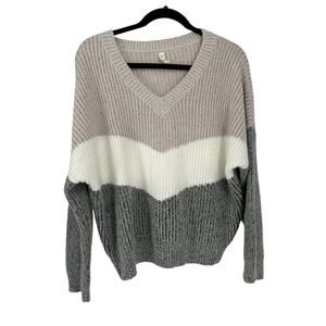 Wishlist Gray White, Beige Color Block V-Neck Slouchy Pullover Sweater Sz S/M